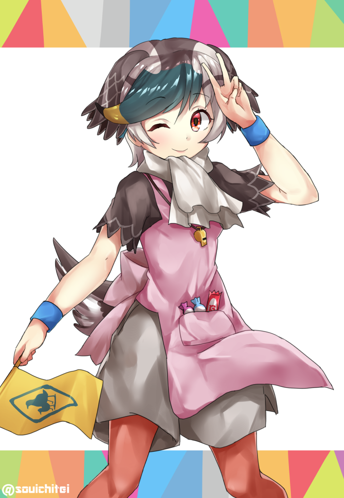 1girl, apron, arm_up, bangs, blonde_hair, blush, border, bracelet, brown_legwear, closed_mouth, eyebrows_visible_through_hair, feet_out_of_frame, flag, green_hair, grey_hair, hair_between_eyes, head_wings, holding, holding_flag, japari_symbol, jewelry, kemono_friends, looking_at_viewer, multicolored_hair, one_eye_closed, pantyhose, pink_apron, red_eyes, scarf, short_hair, short_sleeves, sidelocks, smile, solo, souichitei, spot-billed_duck_(kemono_friends), swept_bangs, tail, twitter_username, v, whistle, whistle_around_neck, white_background, white_hair, white_scarf