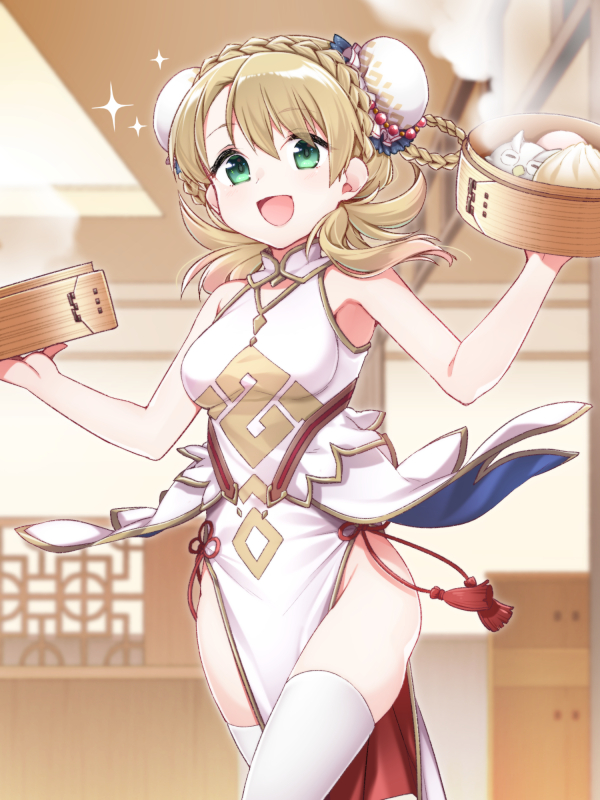 1girl, adapted_costume, alternate_costume, alternate_hairstyle, animal, armpits, baozi, bird