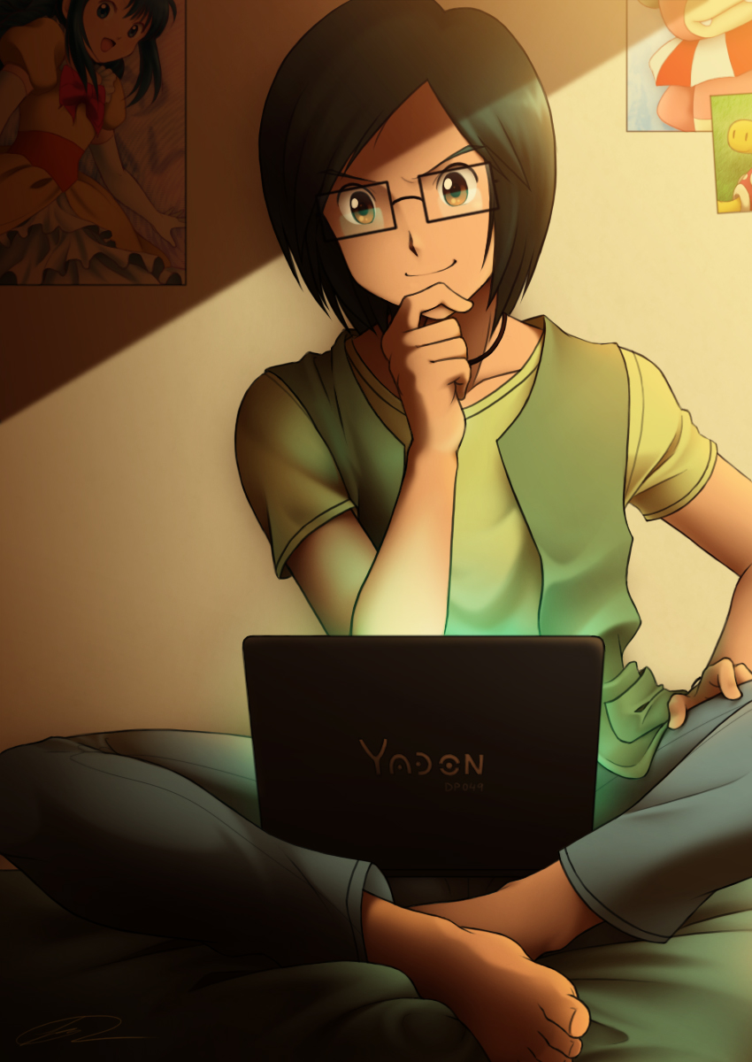 1boy, 1girl, :d, bangs, barefoot, bed, bed_sheet, black_hair