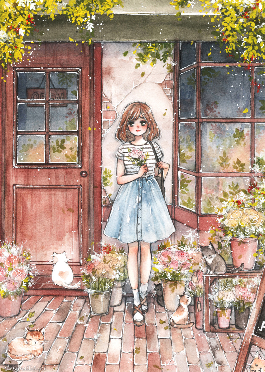 1girl, absurdres, bag, black_eyes, blue_skirt, blush, brick, cat