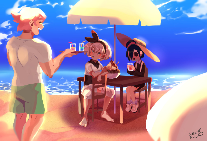 1girl, 2boys, absurdres, ahoge, artist_name, barefoot, beach, beach_umbrella