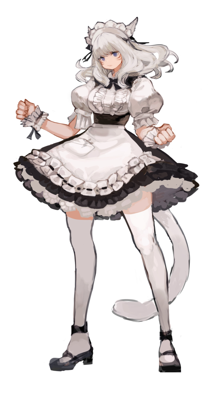 1girl, :/, animal_ears, apron, bangs, black_dress, black_footwear, blue_eyes, breasts, cat_ears, cat_girl, cat_tail, center_frills, clenched_hands, closed_mouth, dress, facial_mark, final_fantasy, final_fantasy_xiv, framed_breasts, full_body, highres, kkaebing, legs_apart, long_hair, long_legs, maid, maid_apron, maid_dress, maid_headdress, mary_janes, medium_breasts, miqo'te, no_pupils, pocket, puffy_short_sleeves, puffy_sleeves, shoes, short_sleeves, simple_background, solo, standing, tail, thigh-highs, waist_apron, white_apron, white_background, white_hair, white_legwear, wrist_cuffs, zettai_ryouiki