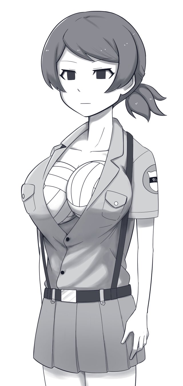 1girl, :|, aoshidan_(emblem), aoshidan_school_uniform, bangs, belt, closed_mouth, collared_shirt