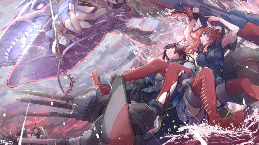 4girls, absurdres, abyssal_pacific_hime, animal, black_gloves, black_hair, breast_pocket, breasts, brown_hair, dress, fingerless_gloves, gloves, hair_ornament, harpoon, hat, headgear, highres, holding, holding_weapon, kantai_collection, large_breasts, long_hair, multiple_girls, mutsu_(kantai_collection), nagato_(kantai_collection), open_mouth, outdoors, pin.s, pocket, ponytail, red_legwear, remodel_(kantai_collection), rigging, saratoga_(kantai_collection), shinkaisei-kan, short_hair, short_sleeves, sidelocks, signature, skirt, sweat, teeth, torn_clothes, torn_legwear, water, weapon, whale, white_gloves, white_hair