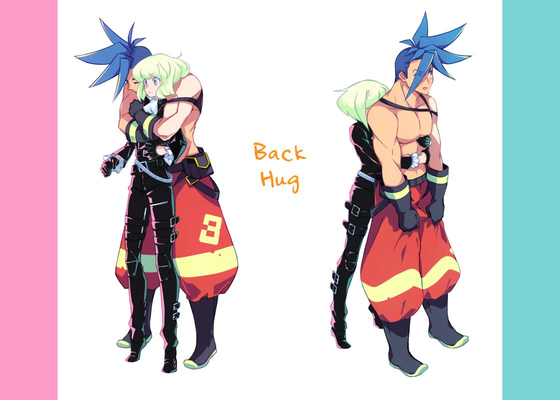 2boys, baggy_pants, bangs, belt, biker_clothes, black_gloves, black_jacket, blue_eyes, blue_hair, blush, c_kihara, chest, cravat, galo_thymos, gloves, green_hair, half_gloves, hug, hug_from_behind, jacket, lio_fotia, long_sleeves, male_focus, multiple_belts, multiple_boys, open_mouth, pants, promare, shirtless, short_hair, size_difference, spiky_hair, violet_eyes, yaoi