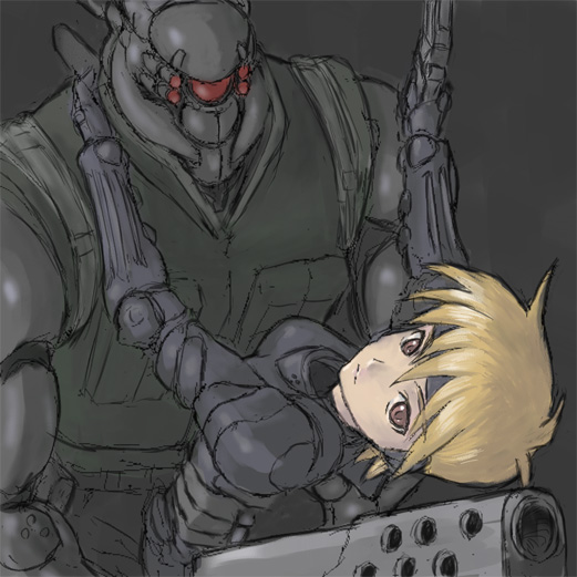 apple_seed, appleseed, armor, blonde_hair, briareos_hecatonchires, couple, cyberpunk, cyborg, deunan_knute, gun, mecha, oekaki, robot, science_fiction, shimano_natsume, short_hair, size_difference, weapon