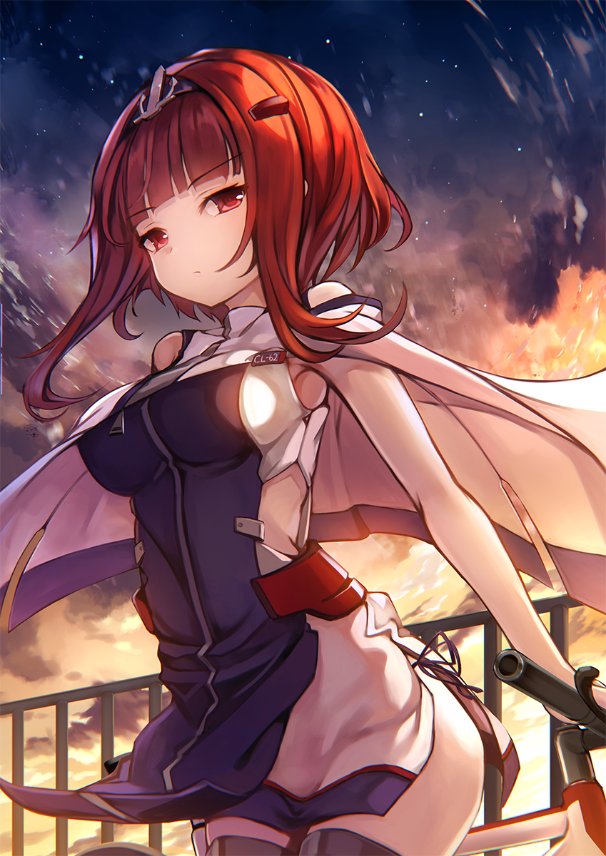 1girl, anchor_hair_ornament, azur_lane, birmingham_(azur_lane), brown_eyes, brown_hair, cape, clouds