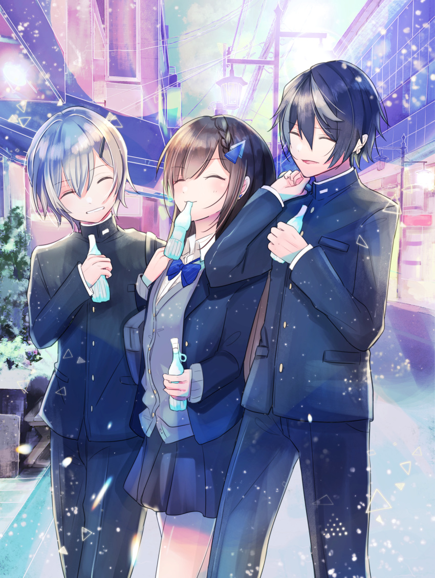 1girl, 2boys, black_jacket, blush, braid, brown_hair, cocoa_music, doumyouji_cocoa, doumyouji_haruto, game_club_project, green_eyes, grey_hair, hair_ornament, hairclip, highres, jacket, kazami_ryou, long_hair, looking_at_viewer, multiple_boys, open_clothes, open_jacket, school_uniform, thi_fure, virtual_youtuber