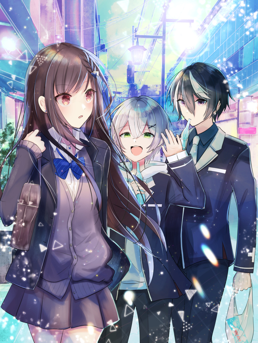 1girl, 2boys, black_jacket, blush, braid, brown_hair, cocoa_music, doumyouji_cocoa, doumyouji_haruto, game_club_project, green_eyes, grey_hair, hair_ornament, hairclip, highres, jacket, kazami_ryou, long_hair, looking_at_viewer, multiple_boys, thi_fure, virtual_youtuber