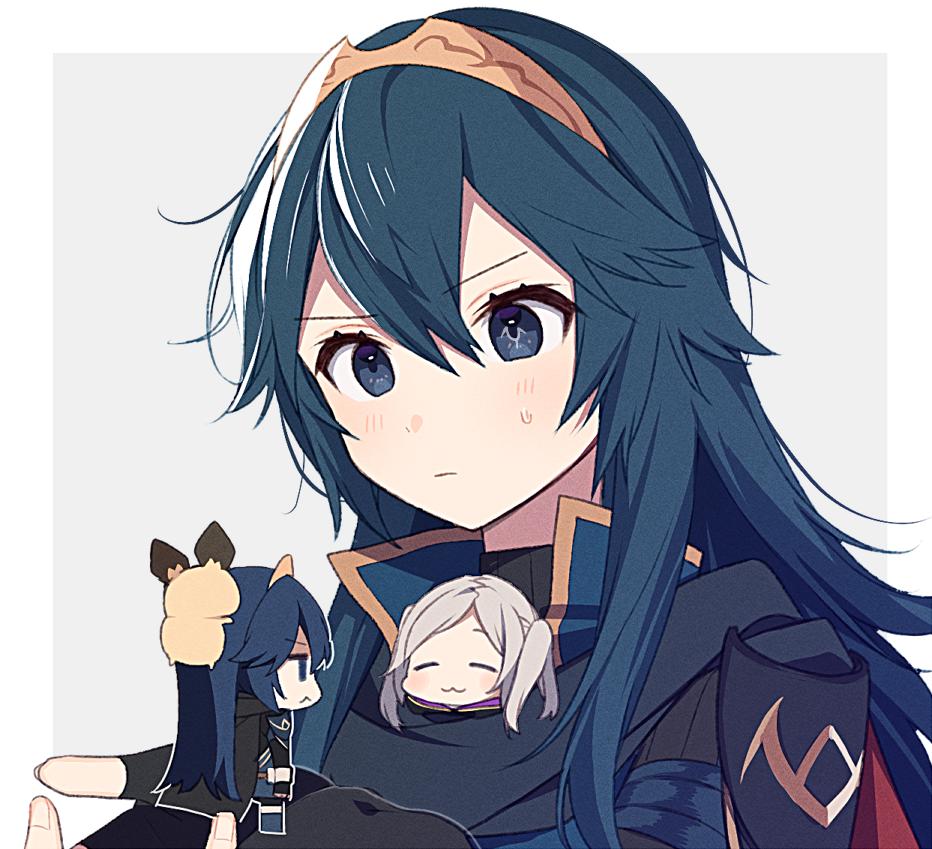 1girl, 1other, 2girls, angry, animal, baby_pokemon, blue_eyes, blue_hair