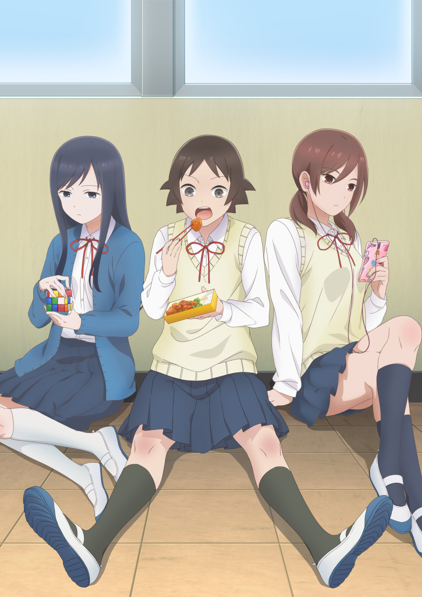 3girls, absurdres, bento, black_hair, black_socks, brown_hair, cardigan, chopsticks