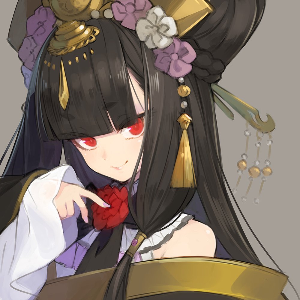 1girl, bangs, bare_shoulders, black_hair, blunt_bangs, blunt_ends, bow, chao_feng, chinese_clothes, closed_mouth, commentary_request, eyebrows_visible_through_hair, flower_ornament, frills, grey_background, hair_tubes, headdress, long_hair, looking_at_viewer, minoa_(lastswallow), red_eyes, simple_background, smile, tassel, thunderbolt_fantasy