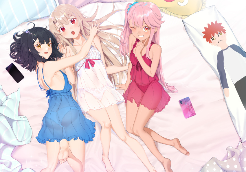 3girls, 9nojo, ass, bare_shoulders, black_hair, blonde_hair, blue_nightgown, blue_scrunchie, blush, breasts, cellphone, chloe_von_einzbern, collarbone, commentary, dakimakura_(object), emiya_shirou, eyebrows_visible_through_hair, fate/kaleid_liner_prisma_illya, fate_(series), from_above, hair_ornament, hair_scrunchie, hairclip, highres, illyasviel_von_einzbern, long_hair, looking_at_viewer, lying, miyu_edelfelt, multiple_girls, nightgown, on_back, one_eye_closed, panties, phone, pillow, pink_hair, red_nightgown, red_panties, scrunchie, see-through, short_hair, side_ponytail, sitting, small_breasts, smartphone, underwear, white_nightgown, white_panties