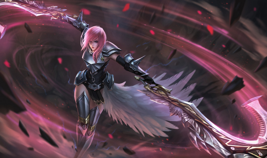 1girl, armor, armpits, breastplate, dual_wielding, elbow_gloves, feather_skirt, final_fantasy