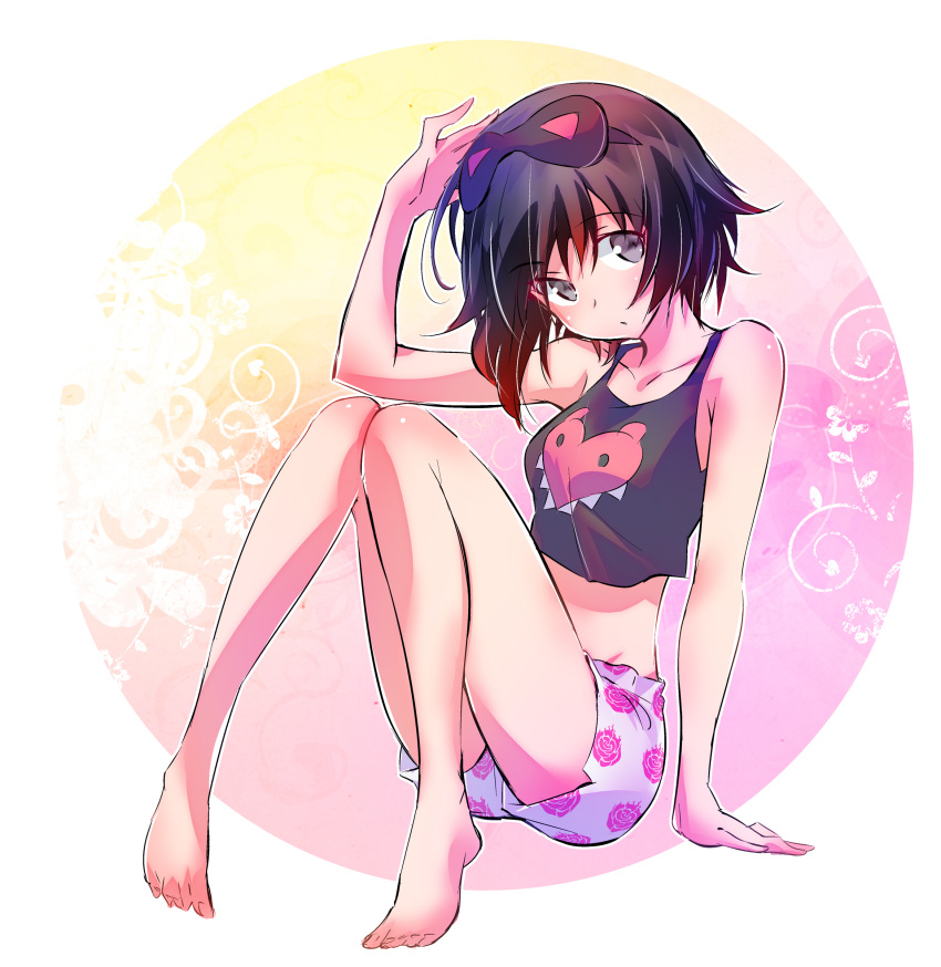 1girl, absurdres, arm_support, arm_up, bare_arms, bare_legs, barefoot, black_hair