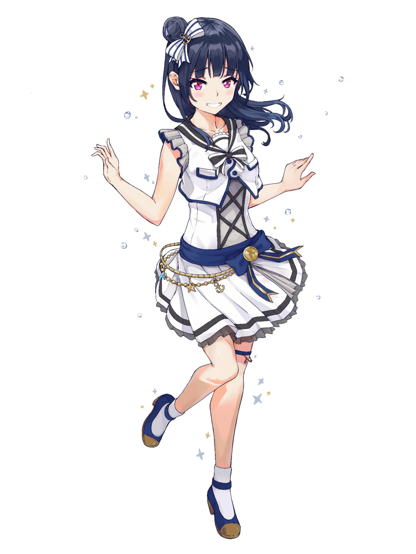 1girl, bangs, blue_bow, blue_footwear, blue_hair, bow, collarbone, dress