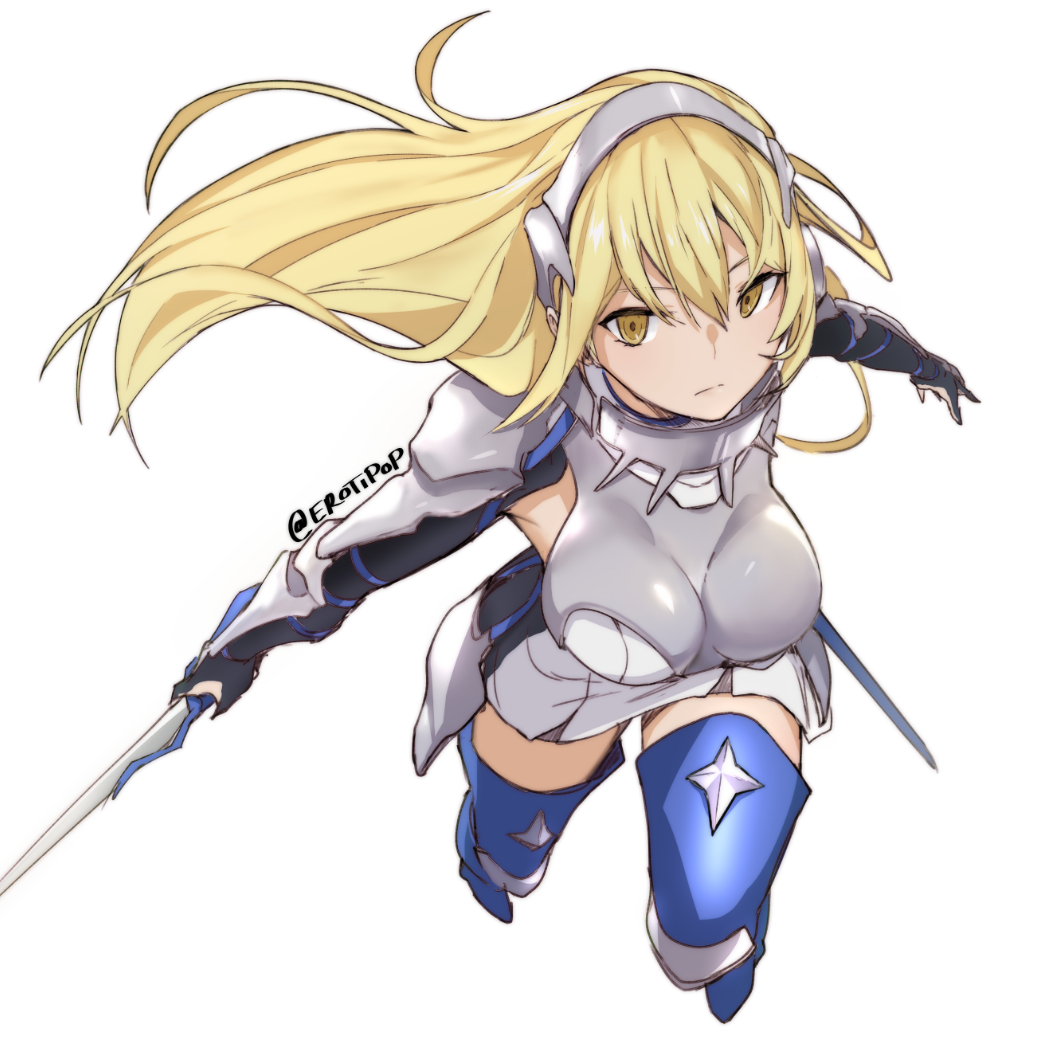 1girl, aiz_wallenstein, black_gloves, black_sleeves, blonde_hair, blue_footwear, boots, breastplate