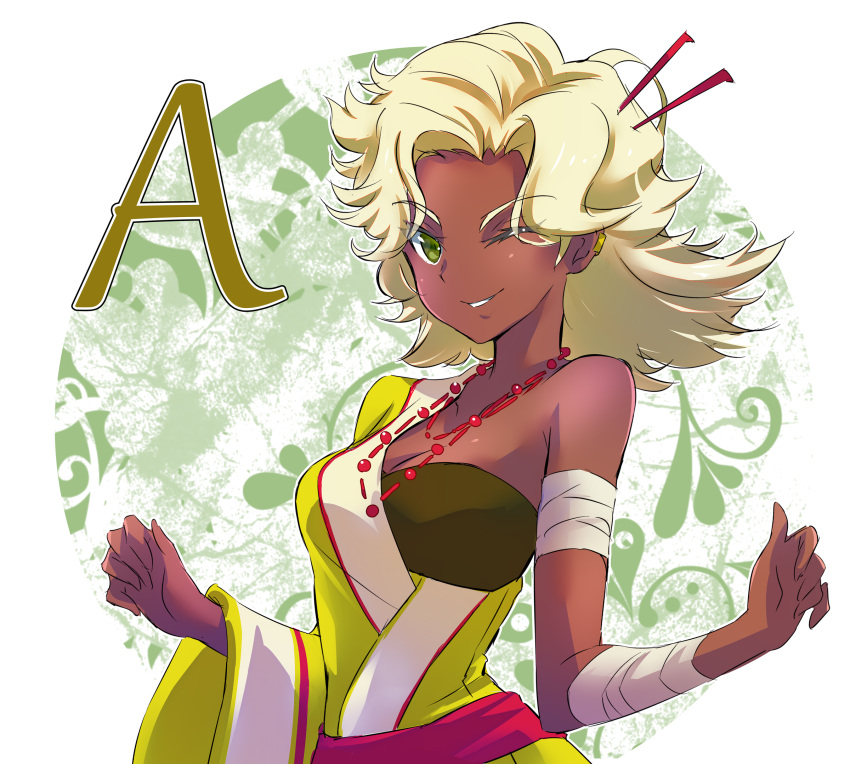 1girl, arslan_altan, bandaged_arm, bandages, bare_shoulders, bead_necklace, beads, blonde_hair