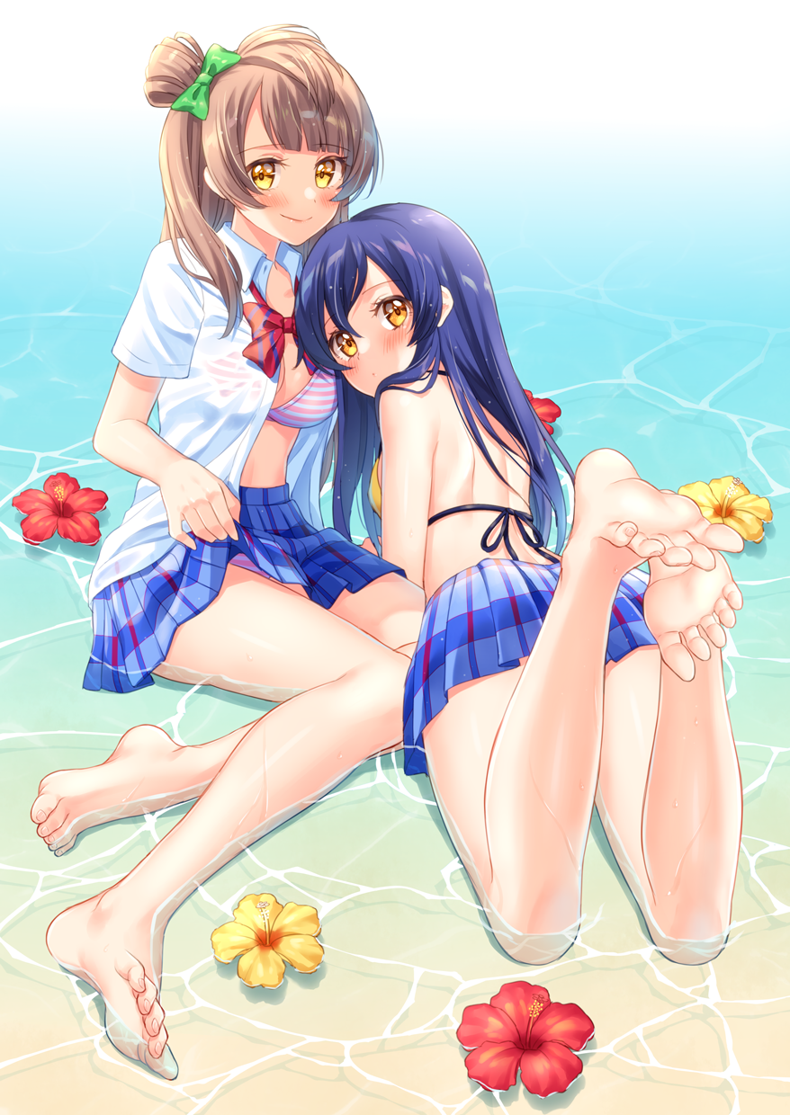 2girls, bangs, barefoot, bikini, bikini_under_clothes, blue_hair, blush, bow