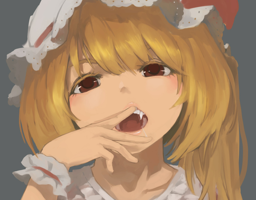 1girl, alternate_eye_color, alternate_legwear, bangs, blonde_hair, blush, brown_eyes, collarbone, eyelashes, fang, flandre_scarlet, hair_over_shoulder, half-closed_eyes, hand_to_own_mouth, hand_up, hat, hat_ribbon, highres, lips, looking_at_viewer, mob_cap, one_side_up, open_mouth, portrait, red_ribbon, ribbon, saliva, saliva_trail, short_hair_with_long_locks, side_ponytail, simple_background, solo, teeth, touhou, upper_teeth, vampire, wrist_cuffs, xii_yashizhongzhan