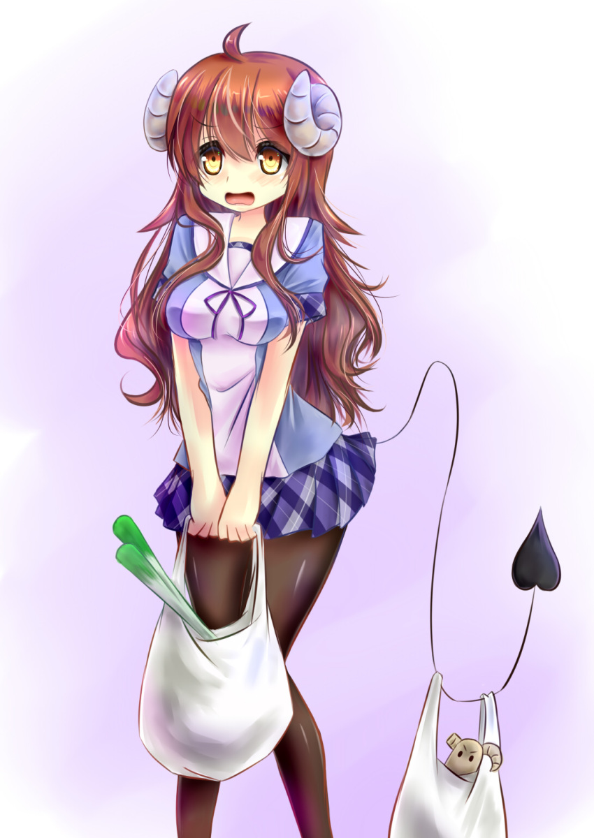 1girl, ahoge, bag, blush, breasts, brown_hair, demon_girl, demon_horns