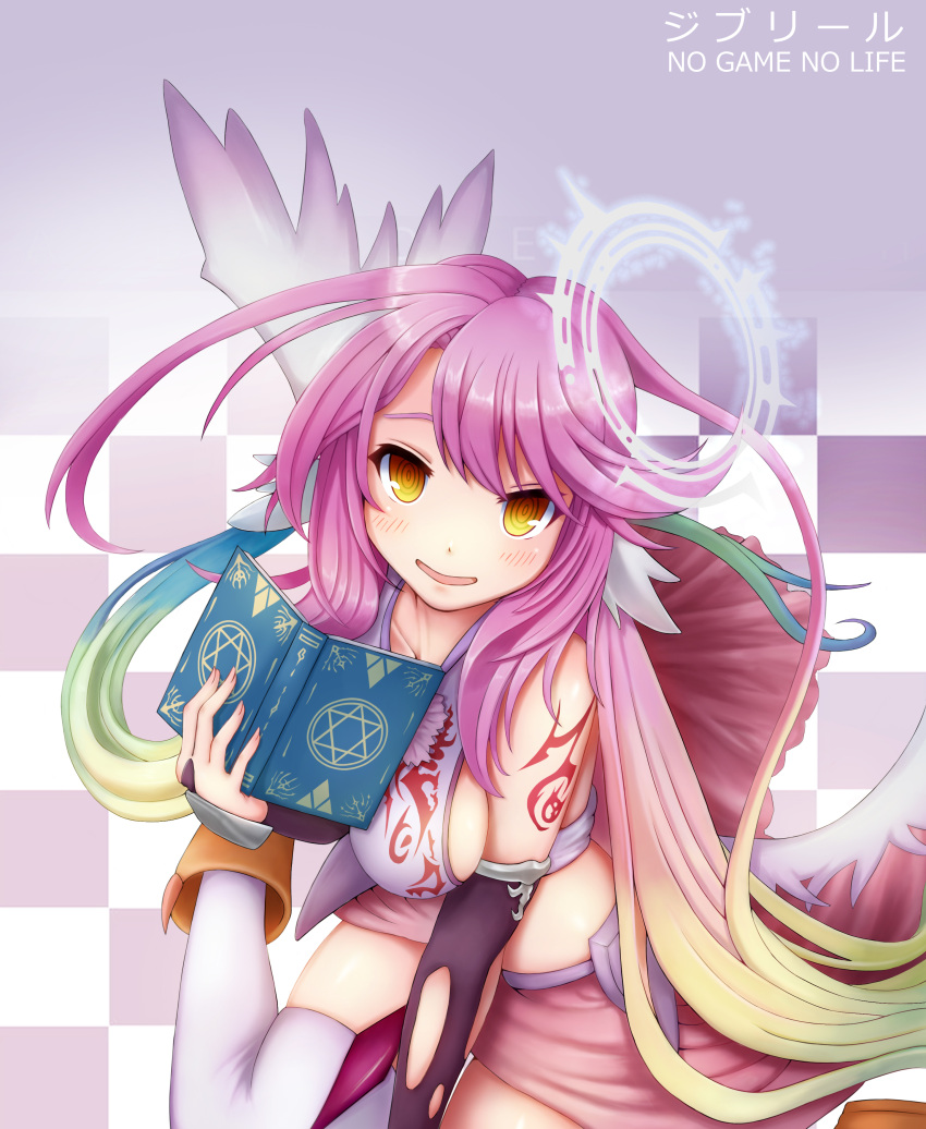 1girl, absurdres, angel_wings, blush, book, breasts, bridal_gauntlets, character_name