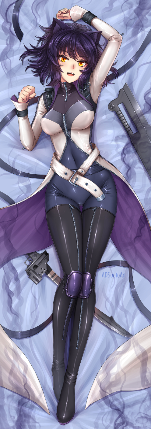 1girl, adsouto, ahoge, animal_ears, arm_up, artist_name, ass_visible_through_thighs, bangs, bed, bed_sheet, black_hair, blake_belladonna, blush, bodysuit, boots, breasts, cat_ears, covered_navel, dakimakura, eyebrows_visible_through_hair, from_above, full_body, gambol_shroud, gun, highres, knee_pads, large_breasts, looking_at_viewer, lying, on_back, open_mouth, purple_hair, rwby, short_hair, short_sleeves, skin_tight, solo, sword, thigh-highs, thigh_boots, thigh_gap, upper_teeth, weapon, yellow_eyes, zipper, zipper_legwear