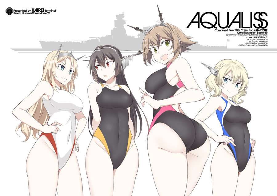 4girls, black_hair, black_swimsuit, blonde_hair, blue_eyes, breasts, brown_hair, character_name
