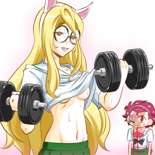 2girls, animal_ears, black-framed_eyewear, black_neckwear, blonde_hair, blood, blouse, blush_stickers, bow, bowtie, brown_eyes, cat_ears, commentary, constricted_pupils, detached_collar, dumbbell, exercise, eyepatch, fake_animal_ears, female_pervert, food, fruit, girls_und_panzer, glasses, green_skirt, hair_pulled_back, hairband, half-closed_eyes, kogane_(staygold), long_hair, looking_at_another, looking_at_viewer, lowres, microskirt, midriff, momogaa, multiple_girls, navel, nekonyaa, no_bra, no_neckwear, nosebleed, ooarai_school_uniform, open_mouth, peach, pervert, pink_collar, pink_hairband, pleated_skirt, redhead, round_eyewear, school_uniform, serafuku, short_hair, short_sleeves, skirt, smile, standing, sweat, wardrobe_malfunction, weightlifting, weights, white_blouse