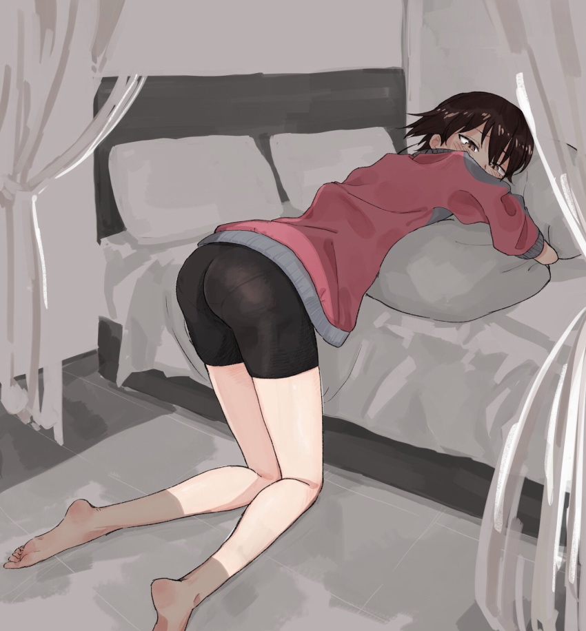 1girl, ass, bangs, barefoot, bed, bike_shorts, black_shorts, blush