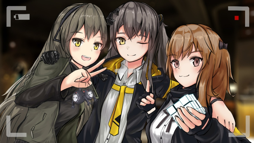 3girls, admiralkeyes, brown_hair, cellphone, cellphone_camera, chinese_commentary, eyebrows_visible_through_hair, girls_frontline, goliath_(girls_frontline), grey_hair, mod3_(girls_frontline), multiple_girls, one_eye_closed, phone, rubik's_cube, sangvis_ferri, scar, scar_across_eye, self_shot, siblings, sisters, twins, ump40_(girls_frontline), ump45_(girls_frontline), ump9_(girls_frontline), v