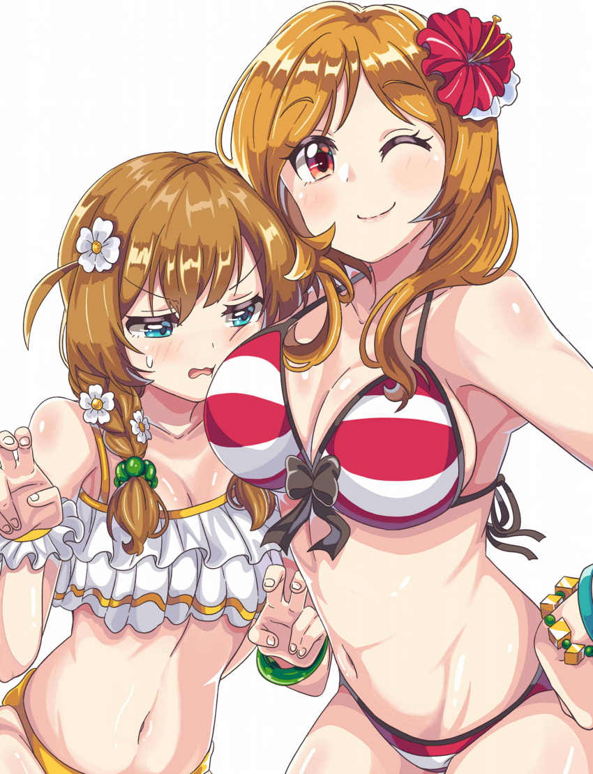 2girls, aqua_eyes, baba_konomi, bangle, bikini, bracelet, braid, breast_envy