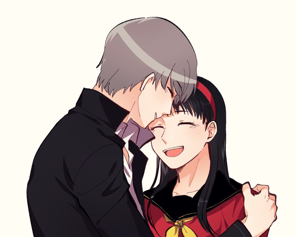 1boy, 1girl, amagi_yukiko, atlus, black_hair, cardigan, closed_eyes, couple, gakuran, greyhair, hairband, holding_another's_arm, long_hair, love, megami_tensei, narukami_yuu, persona, persona_4, red_sweater, school_uniform, short_hair, sweater, yasogami_school_uniform