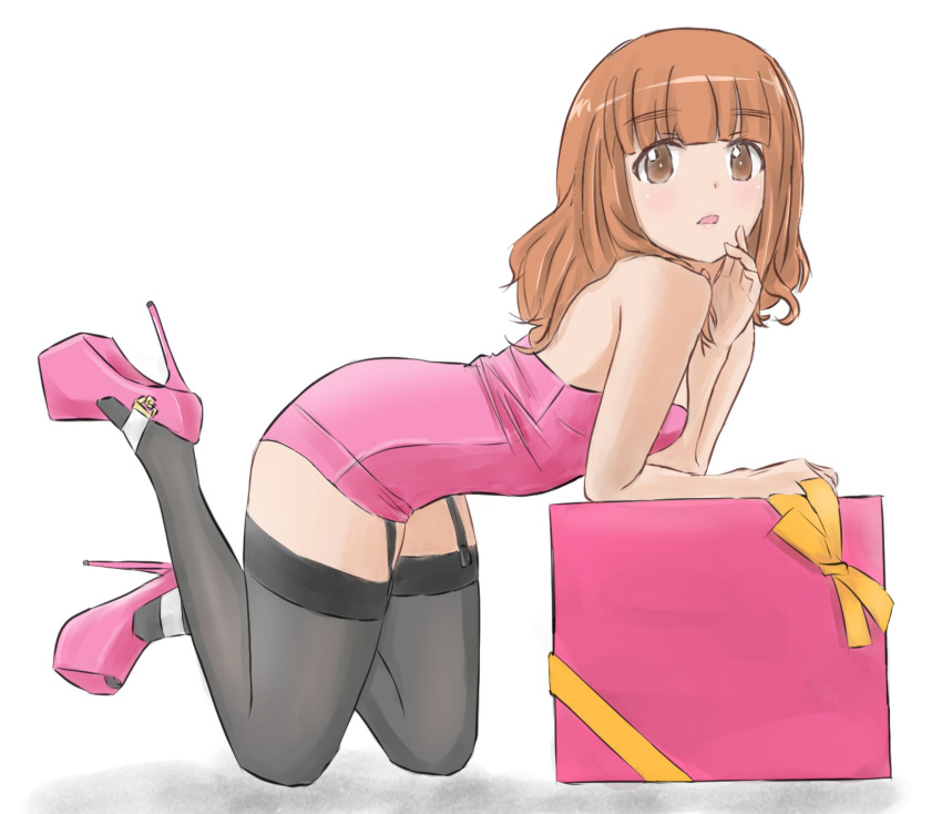 1girl, bangs, bare_shoulders, black_legwear, blunt_bangs, commentary, dress, elbow_rest, eyebrows_visible_through_hair, feet_up, full_body, garter_straps, gift, girls_und_panzer, high_heels, highres, kneeling, leaning_forward, long_hair, looking_at_viewer, microdress, munisuke_(zrkt7883), open_mouth, orange_eyes, orange_hair, pink_dress, pink_footwear, solo, strapless, strapless_dress, takebe_saori, thigh-highs, white_background