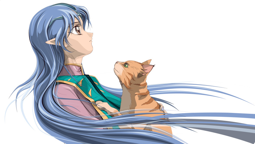blue_hair, brown_eyes, bust, cat, circlet, diaho, frown, green_eyes