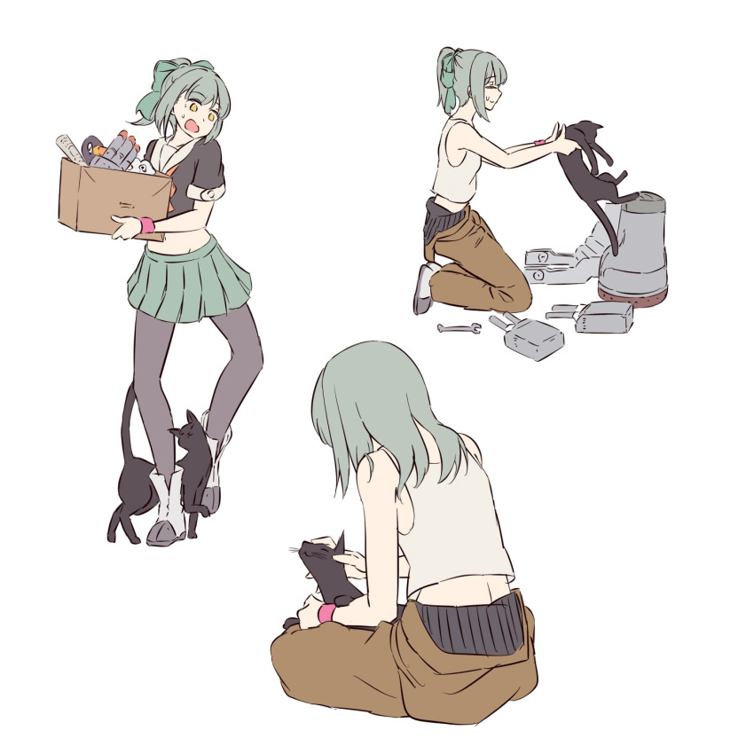 1girl, adapted_turret, alternate_costume, alternate_hairstyle, animal, bare_shoulders, black_cat, black_legwear