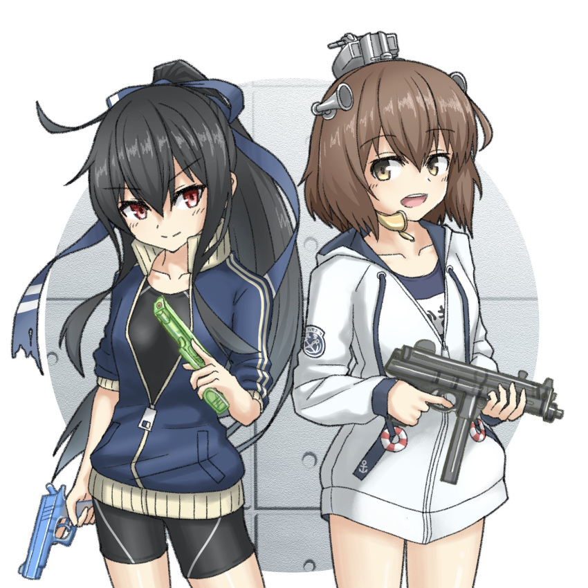 2girls, black_hair, black_swimsuit, blue_jacket, blue_ribbon, blue_swimsuit, brown_eyes, brown_hair