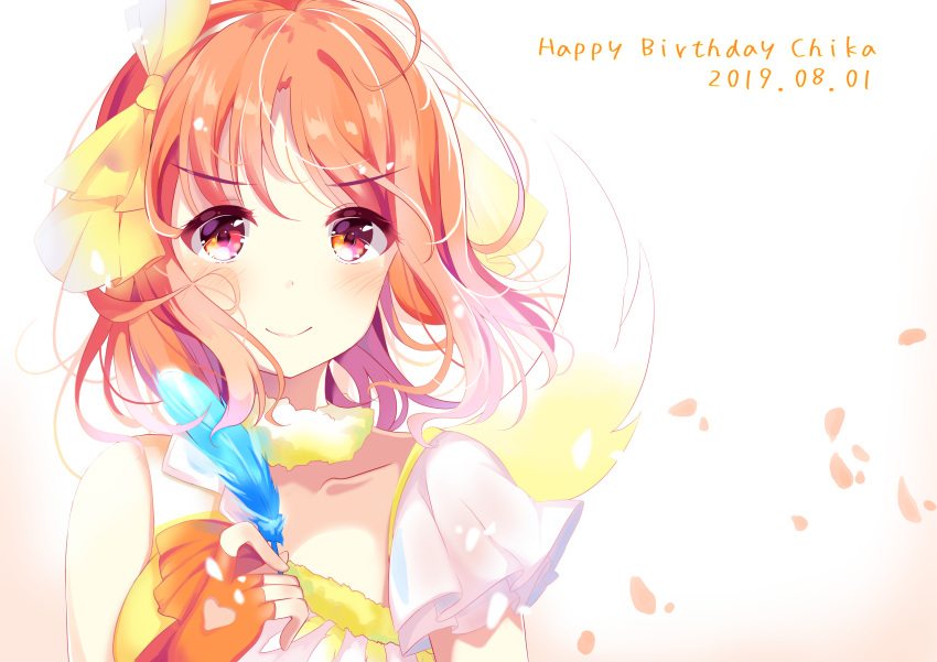 1girl, absurdres, bangs, birthday, blue_feathers, character_name, commentary_request, daisuki_dattara_daijoubu!, dated, depe, english_text, fingerless_gloves, gloves, happy_birthday, highres, looking_at_viewer, love_live!, love_live!_sunshine!!, next_sparkling!!, orange_gloves, orange_hair, red_eyes, short_hair, solo, takami_chika, upper_body, wings