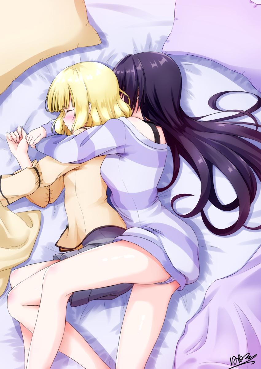 2girls, bed_sheet, black_hair, blonde_hair, blush, closed_eyes, closed_mouth, dress, from_above, gochuumon_wa_usagi_desu_ka?, gradient_hair, grey_shorts, highres, hinata_tino, hug, hug_from_behind, kirima_sharo, long_hair, long_sleeves, lying, multicolored_hair, multiple_girls, on_bed, on_side, panties, purple_hair, shiny, shiny_hair, shirt, short_hair, short_shorts, shorts, signature, sleeping, striped, striped_sweater, sweater, sweater_dress, tedeza_rize, underwear, very_long_hair, white_panties, yellow_shirt, yuri
