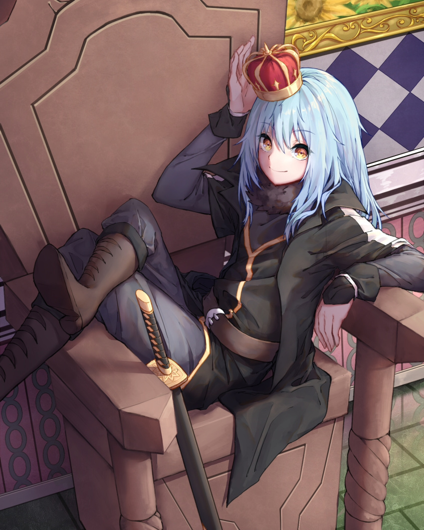 1girl, androgynous, belt, belt_buckle, black_coat, blue_hair, brown_belt, brown_footwear