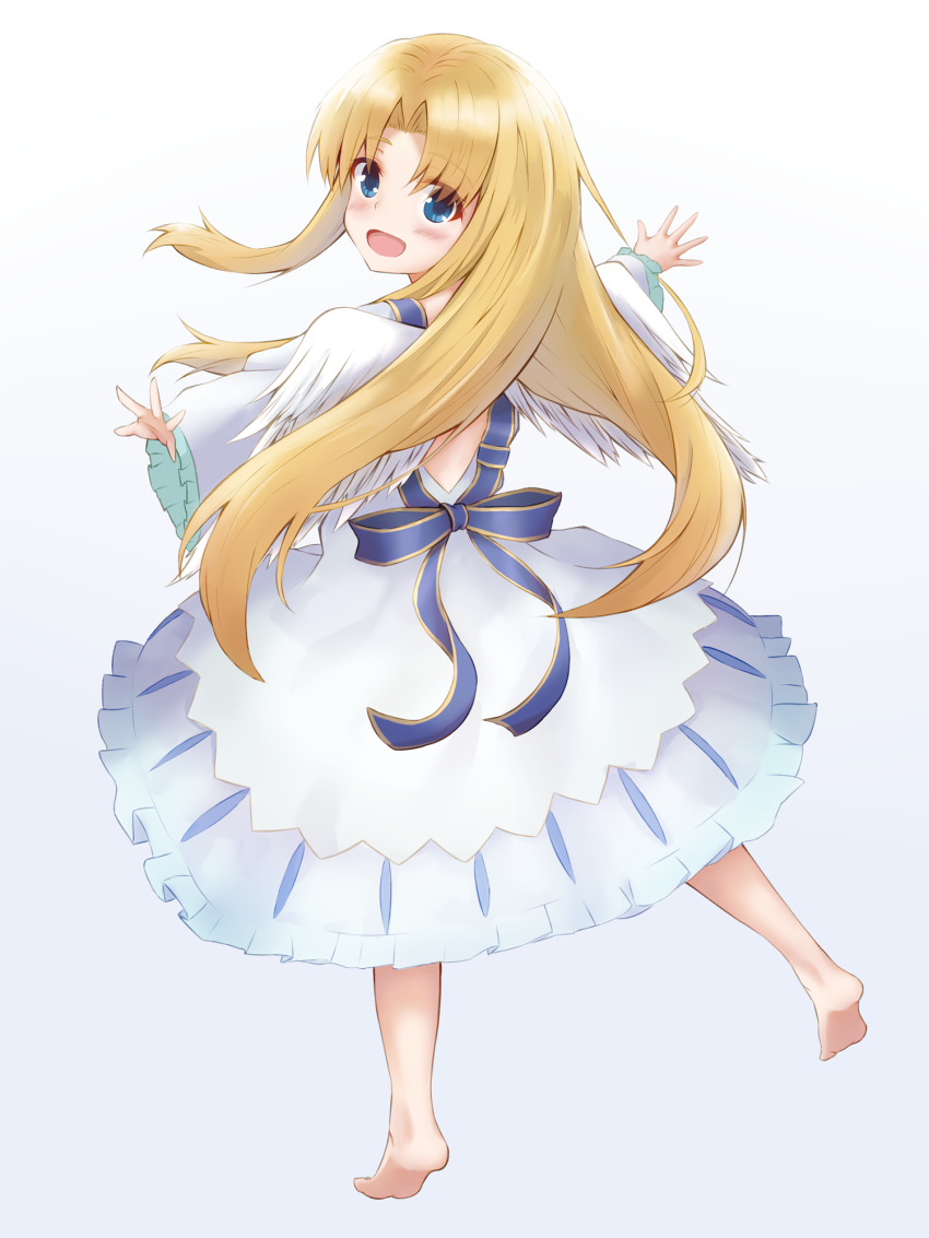 1girl, :d, barefoot, blonde_hair, blue_eyes, blue_ribbon, blush, dancing