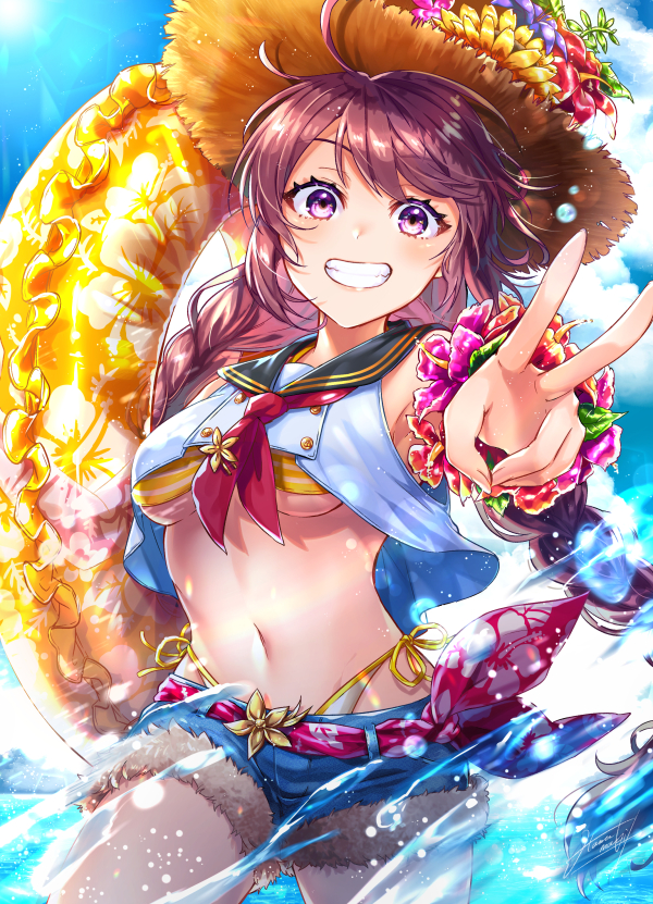 1girl, :d, ahoge, armpits, bare_shoulders, bikini, black_sailor_collar, braid