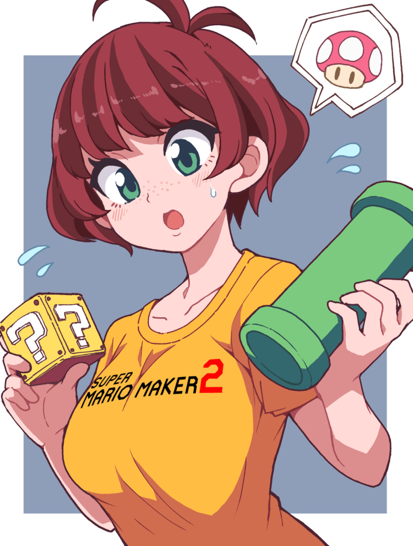 1girl, ?_block, antenna_hair, brown_hair, flying_sweatdrops, freckles, green_eyes, grey_background, highres, super_mario_bros., nazonazo_(nazonazot), nina_(mario), shirt, simple_background, solo, spoken_mushroom, super_mario_maker_2, super_mushroom, t-shirt, upper_body, warp_pipe