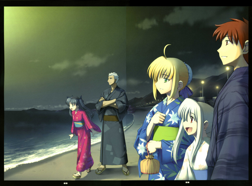 2boys, 3girls, artoria_pendragon_(all), beach, black_hair, blonde_hair, brother_and_sister, dual_persona