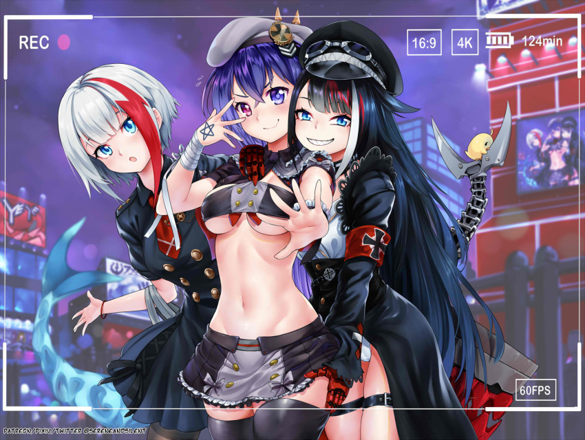 3girls, admiral_graf_spee_(azur_lane), admiral_graf_spee_(maiden's_sunday)_(azur_lane), armband, azur_lane, bandaged_arm, bandages, beret