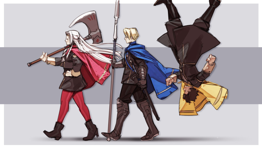 1girl, 2boys, absurdres, axe, black_hair, blonde_hair, blue_eyes, brown_hair