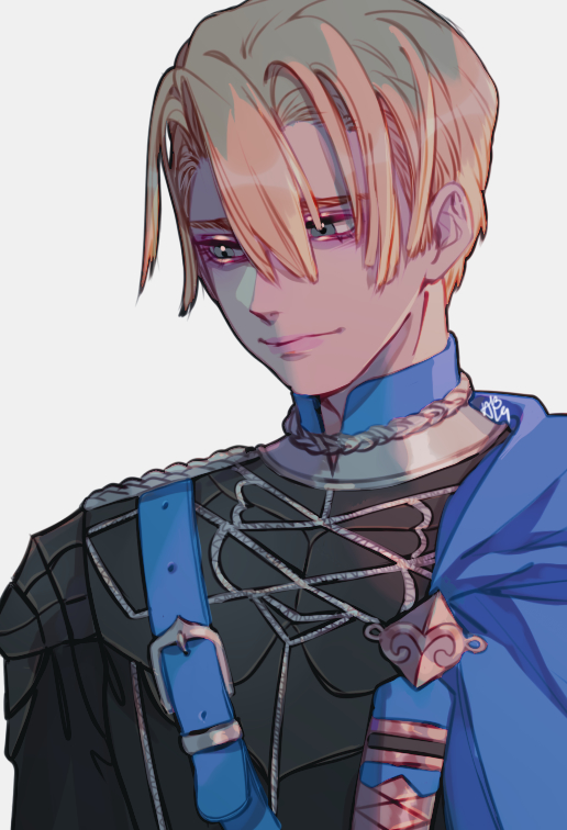 1boy, armor, artist_name, blonde_hair, blue_eyes, cape, dimitri_alexandre_bladud_(fire_emblem), fire_emblem, fire_emblem:_three_houses, grey_background, male_focus, smaskvxn, solo, upper_body