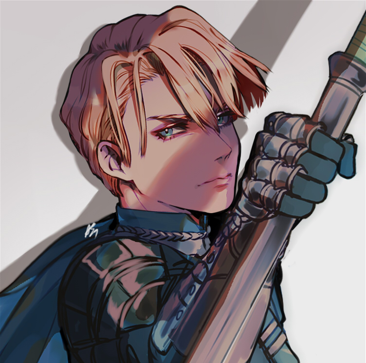 1boy, armor, artist_name, blonde_hair, blue_eyes, cape, dimitri_alexandre_bladud_(fire_emblem), fire_emblem, fire_emblem:_three_houses, gloves, grey_background, male_focus, polearm, smaskvxn, solo, spear, weapon