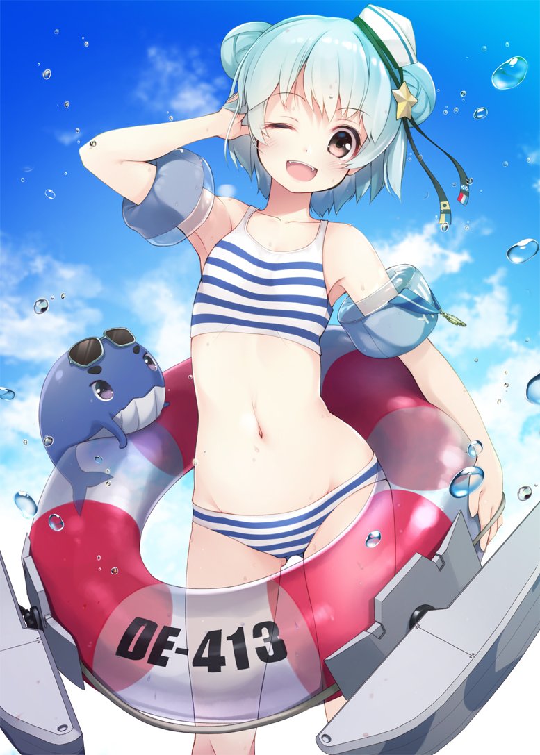 1girl, 1other, bikini, black_ribbon, blue_hair, blue_sky, clouds, cowboy_shot