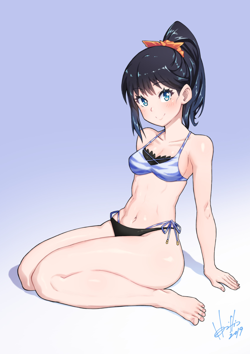 1girl, animal_print, arm_support, barefoot, bikini, black_bikini_bottom, black_hair, blue_eyes